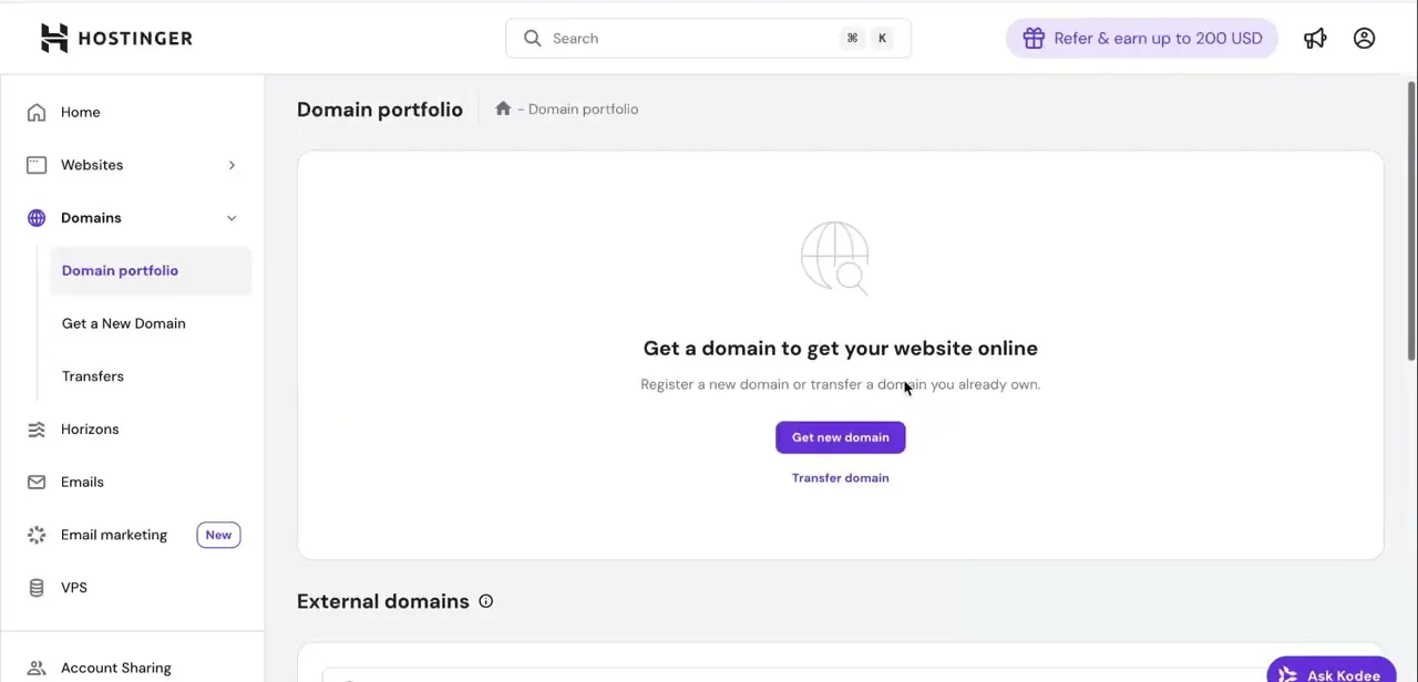 The Domain portfolio page. An empty portfolio like this one means no domains are registered directly through Hostinger — renewals for those would happen through the original registrar instead.