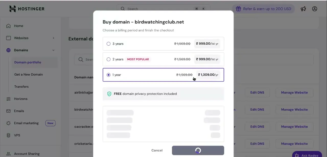 The billing period selector at checkout, showing 1, 2, and 3-year options with the discounted rate next to the crossed-out list price.