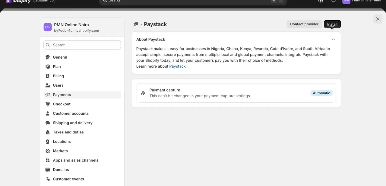 The Paystack provider page inside Shopify Payments settings, with the About Paystack description and the Install button.