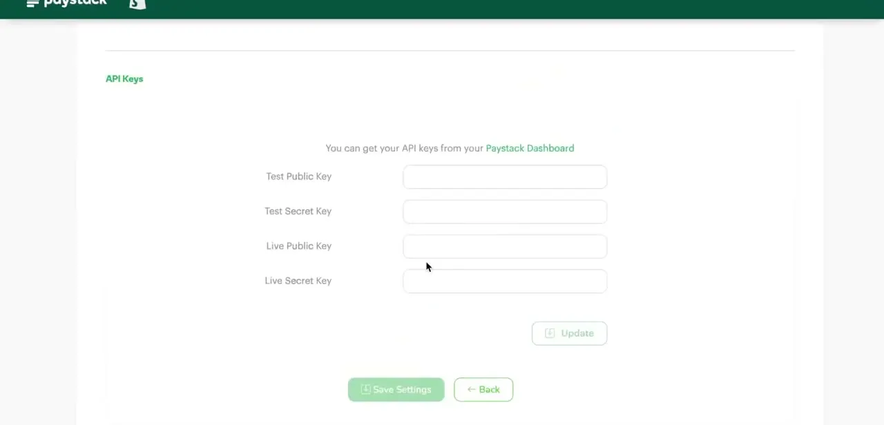 Paystack's own API Keys screen reached after clicking Install, with fields for the test and live public and secret keys.