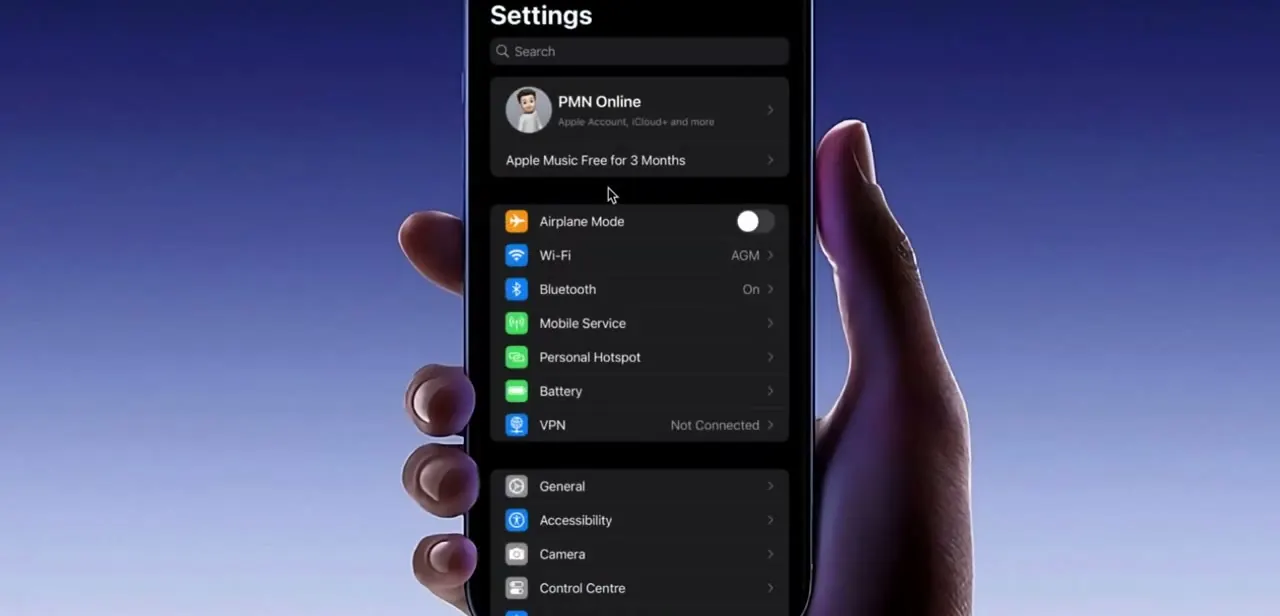 The iPhone Settings screen, with Camera listed among the system options that can affect how the front camera displays.