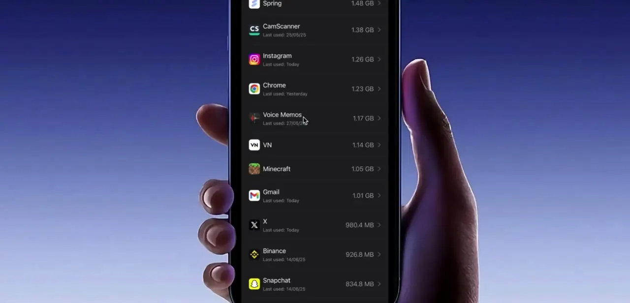The iPhone storage screen listing installed apps and their storage size, including Instagram — the starting point for clearing its cache.