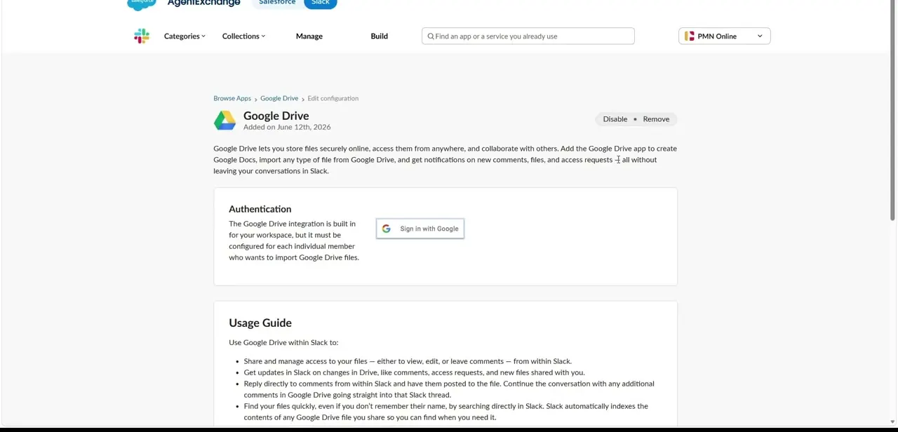 The Google Drive app's configuration page in Slack, showing the per-member Sign in with Google step and its usage guide underneath.