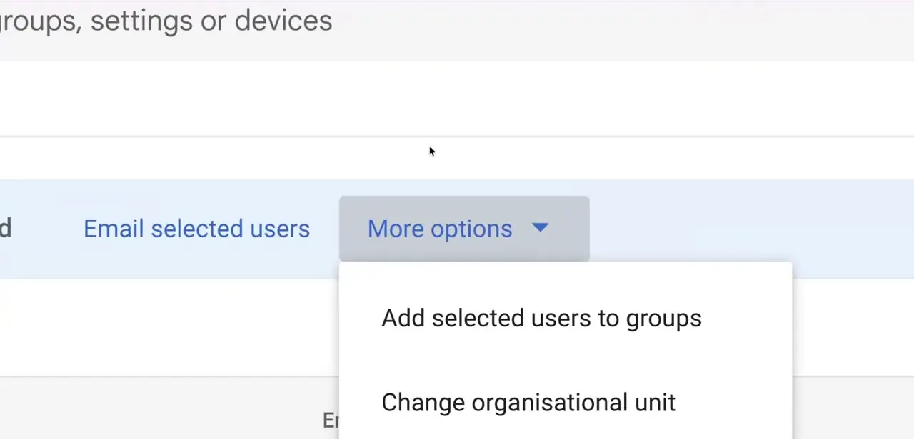 The Users page with a selected account, showing the More options dropdown where bulk actions like changing organisational unit live.