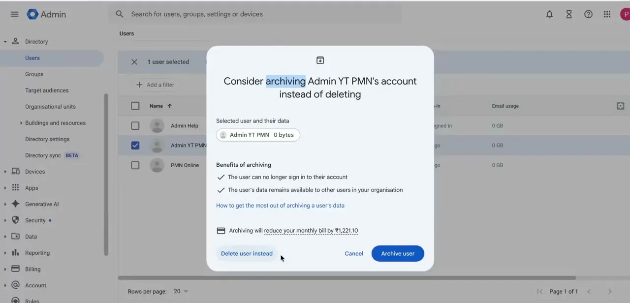 The archive-vs-delete prompt Google shows automatically, including the benefits of archiving and the exact monthly savings for this account.
