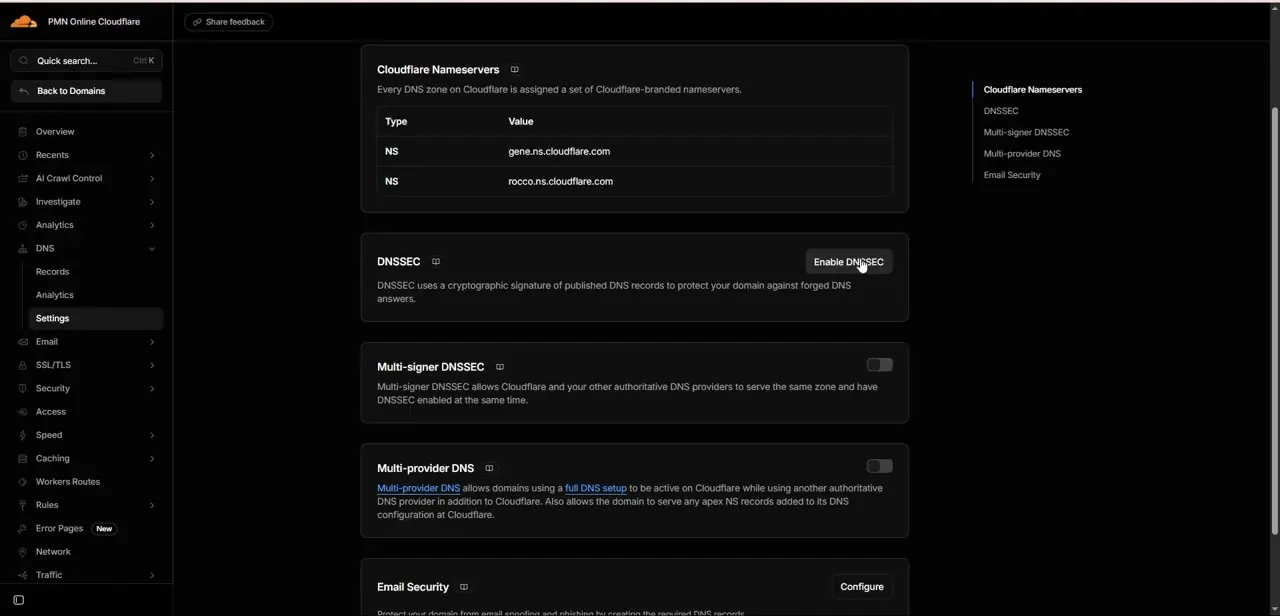 The DNS Settings page, showing Cloudflare Nameservers and the DNSSEC card with its Enable DNSSEC button, above Multi-signer DNSSEC and Multi-provider DNS.