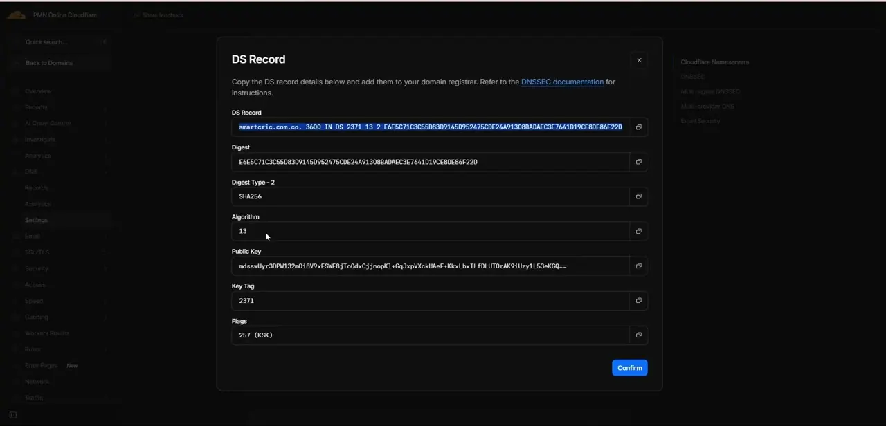 The DS Record modal after enabling DNSSEC, listing the Digest, Digest Type, Algorithm 13, Public Key, Key Tag, and Flags values to copy.