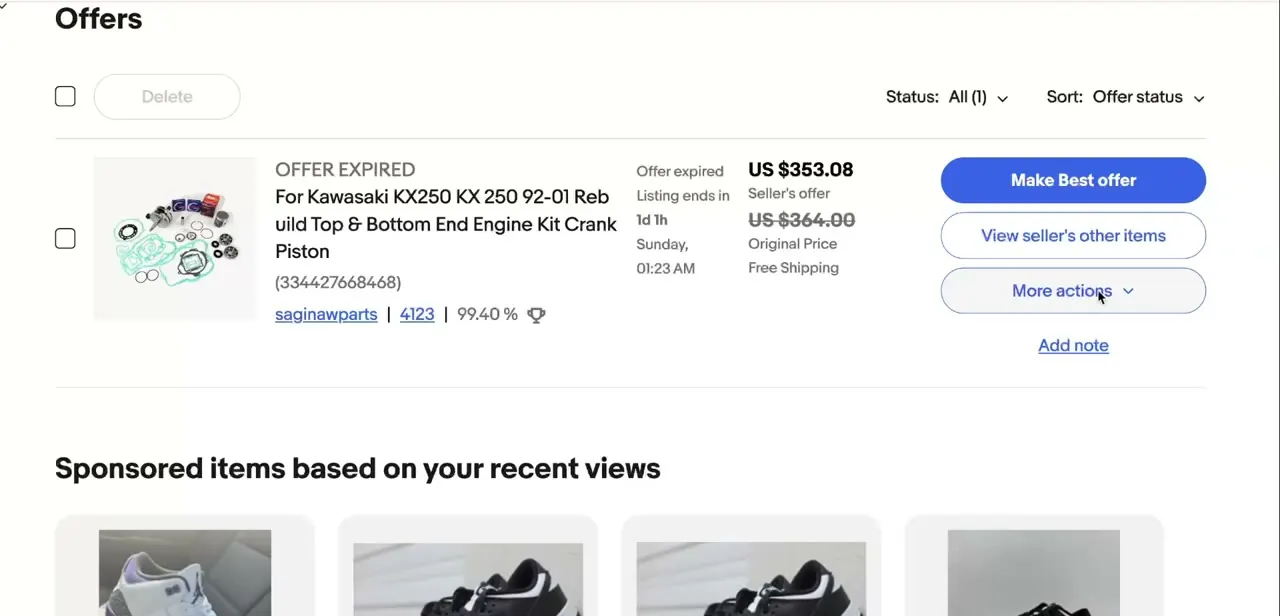 An offer on the Best Offers tab, with its checkbox and the Delete button above the list, plus a More actions dropdown next to Make Best offer.