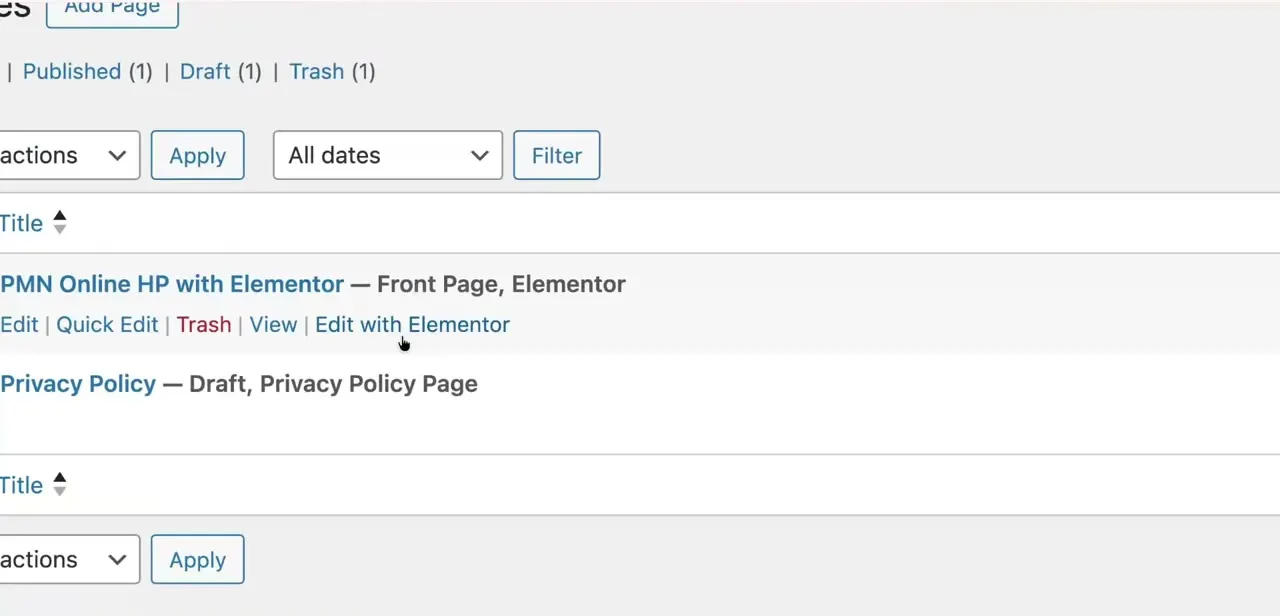The WordPress Pages list, with Edit with Elementor as the link that opens the page in the Elementor canvas rather than the default editor.