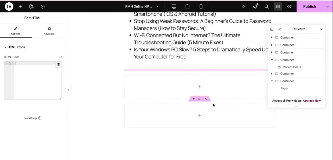 The Edit HTML panel with its HTML Code field, open on a fresh container ready for a pasted code snippet.