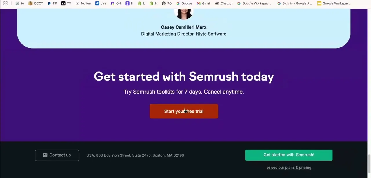 Semrush's own trial pitch: seven days of toolkit access with a cancel-anytime promise, right above the "Start your free trial" button.