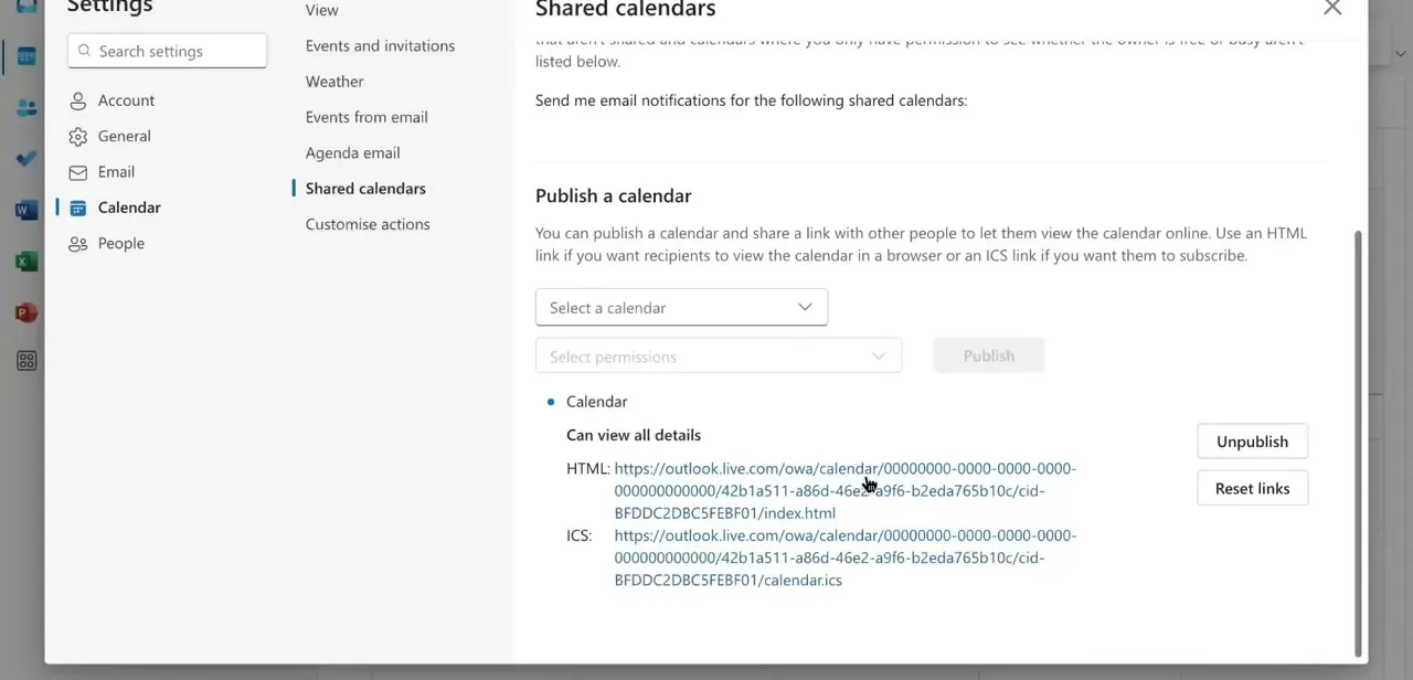Outlook's Publish a calendar settings, showing the generated HTML and ICS links after selecting "Can view all details" permissions.