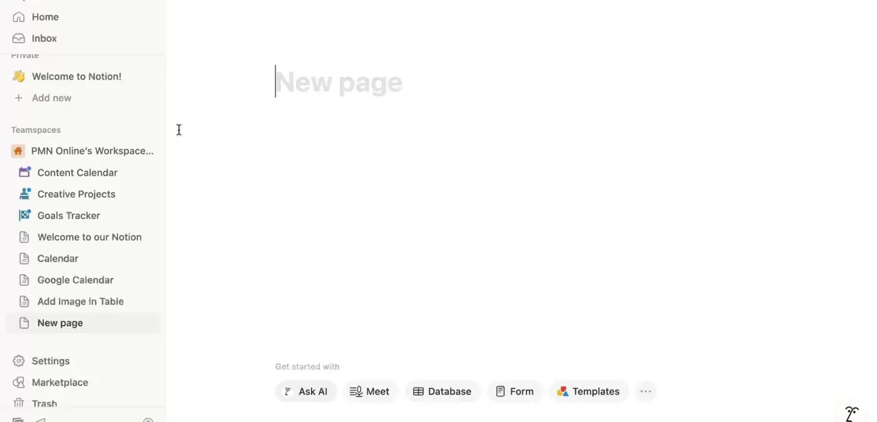A new blank Notion page ready for content, with the workspace's existing pages listed in the sidebar.