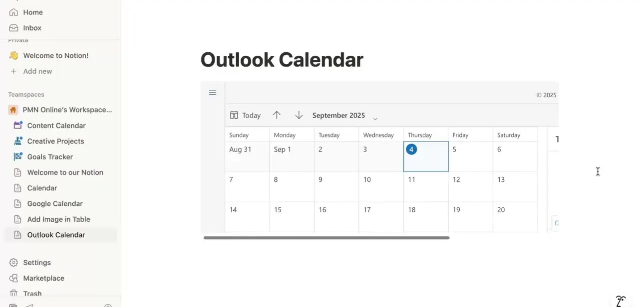 The Outlook Calendar embedded directly inside a Notion page, showing a full month grid with the current day highlighted.
