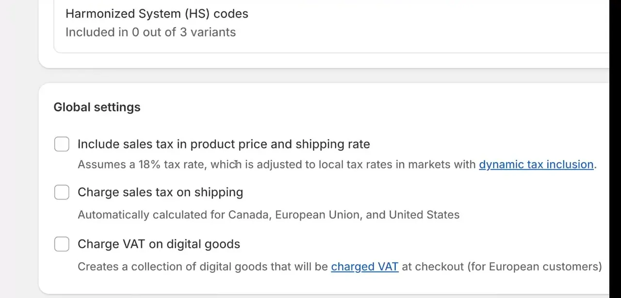 The Global settings panel for taxes, with unchecked boxes for including sales tax in price, charging tax on shipping, and charging VAT on digital goods.