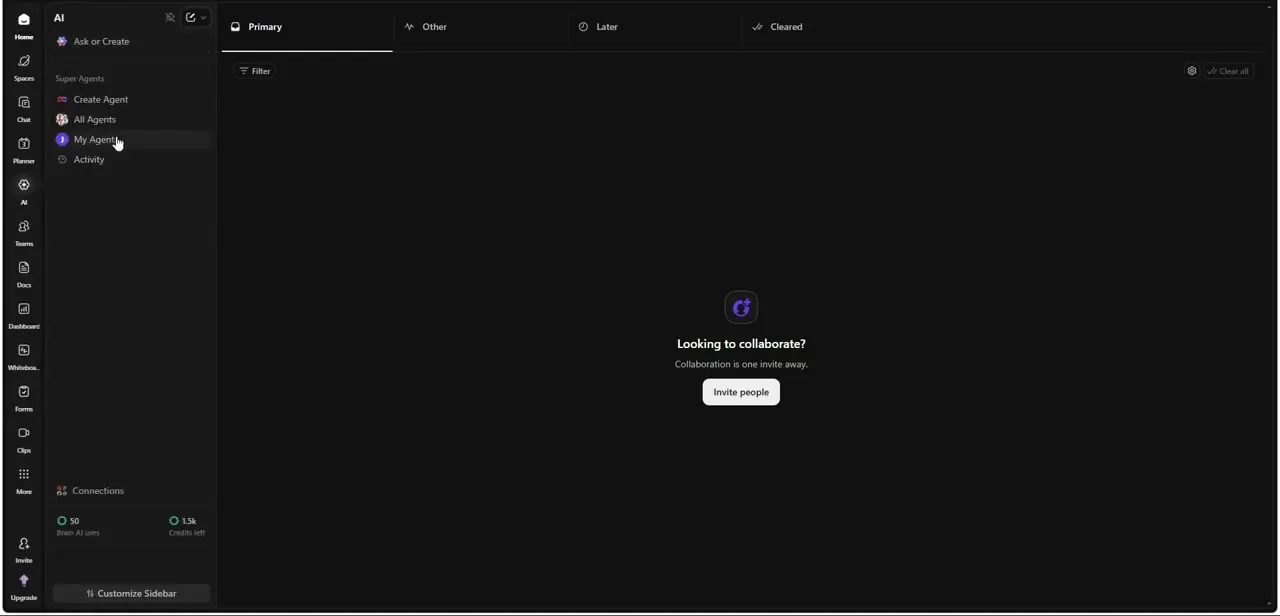 The AI panel's Super Agents section, with Create Agent, All Agents, My Agents, and Activity listed, plus a Connections panel showing remaining Brain AI uses and credits.