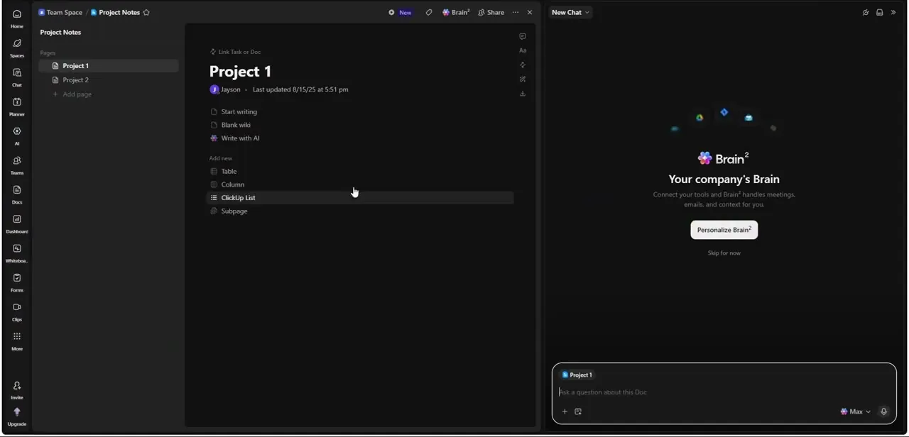A ClickUp Doc titled "Project 1" with Project 1 and Project 2 listed as pages on the left, and quick-insert options for a table, column, or embedded ClickUp List.