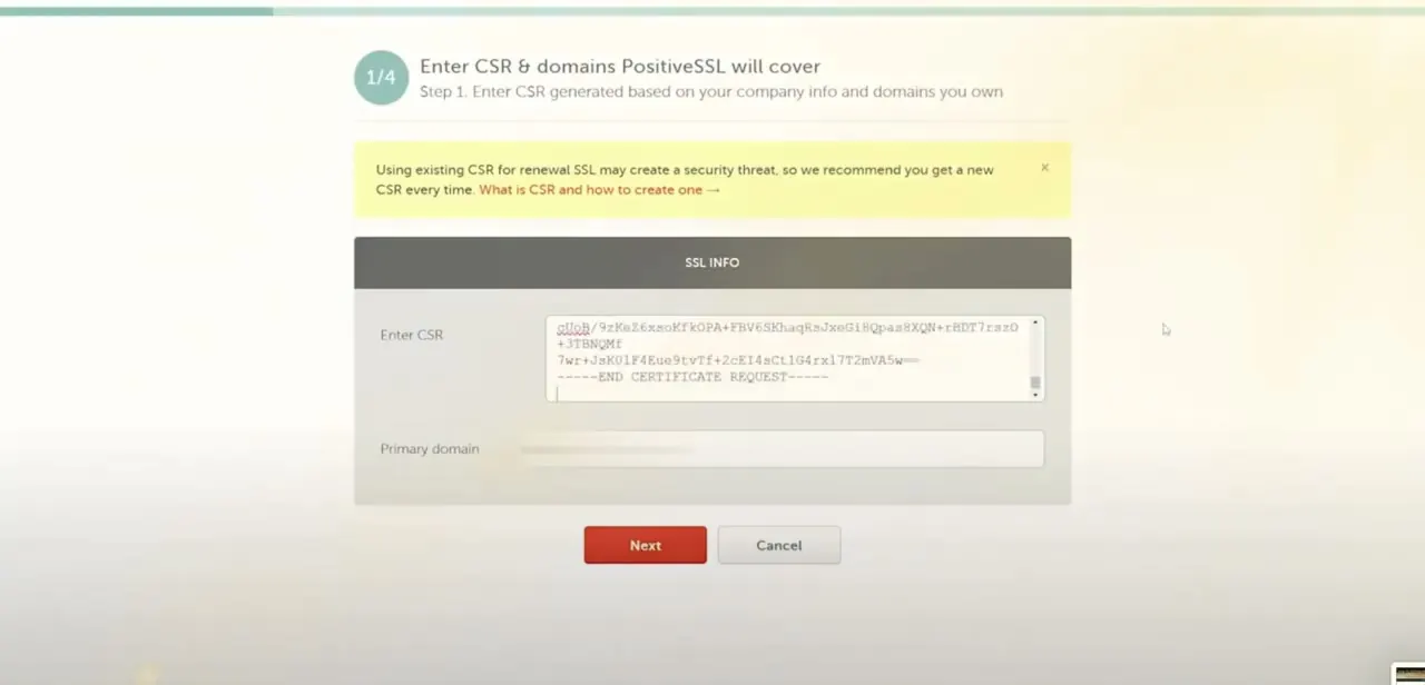 Namecheap's SSL activation wizard, step 1 of 4, with the CSR pasted in and the primary domain the certificate will cover.