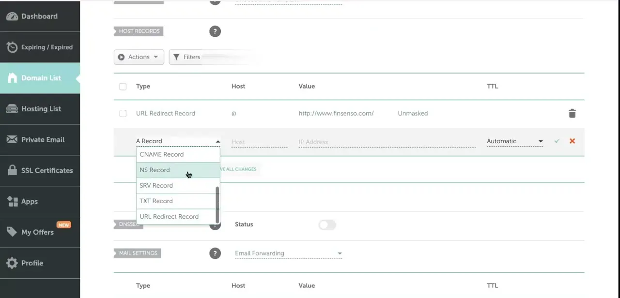 Advanced DNS host records for a domain, with the record-type dropdown open where a validation record needs to be added alongside the existing entries.