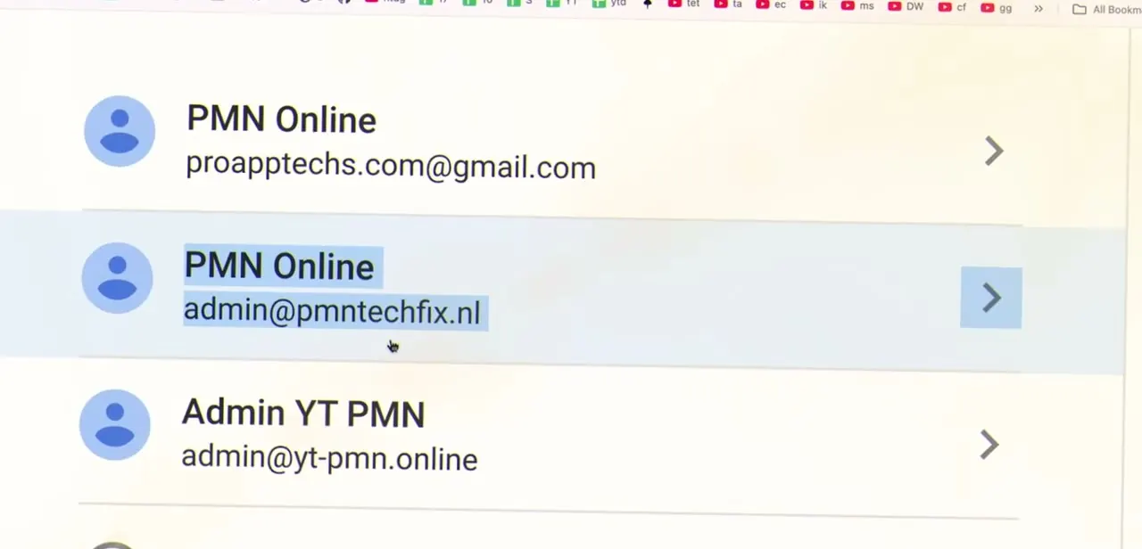 A list of signed-in Google accounts, with the Workspace admin account (admin@pmntechfix.nl) highlighted among several others.