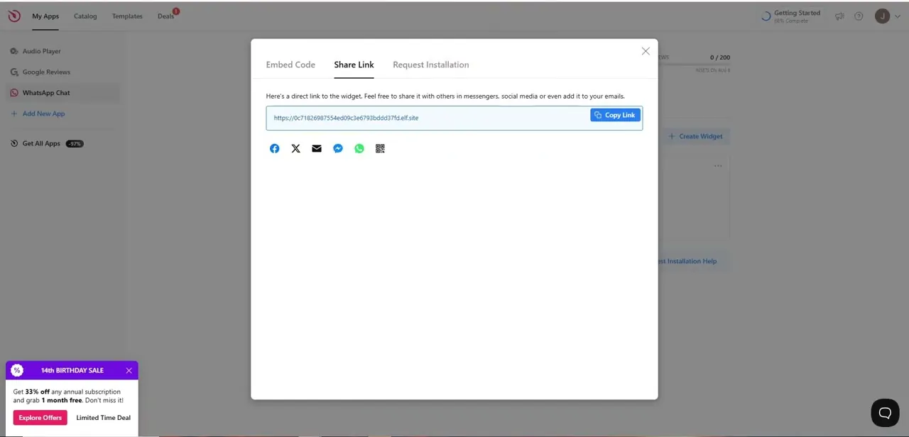 The Share Link tab of the widget, showing the direct URL to copy along with quick-share icons for social platforms.