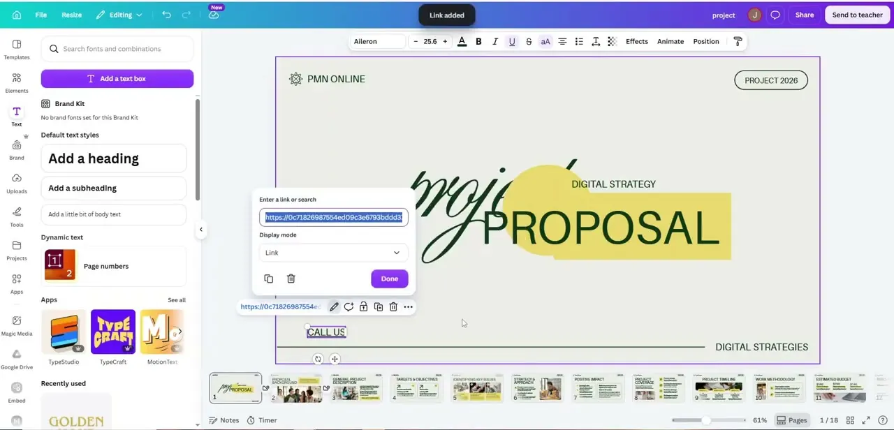 Pasting the WhatsApp widget link into a text element's link field, with Display mode set to Link before confirming with Done.