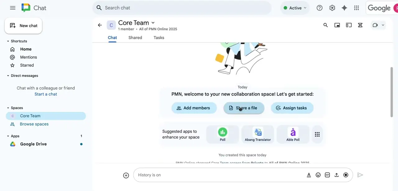 A Chat space right after creation, with quick-start buttons for adding members, sharing a file, and assigning tasks.