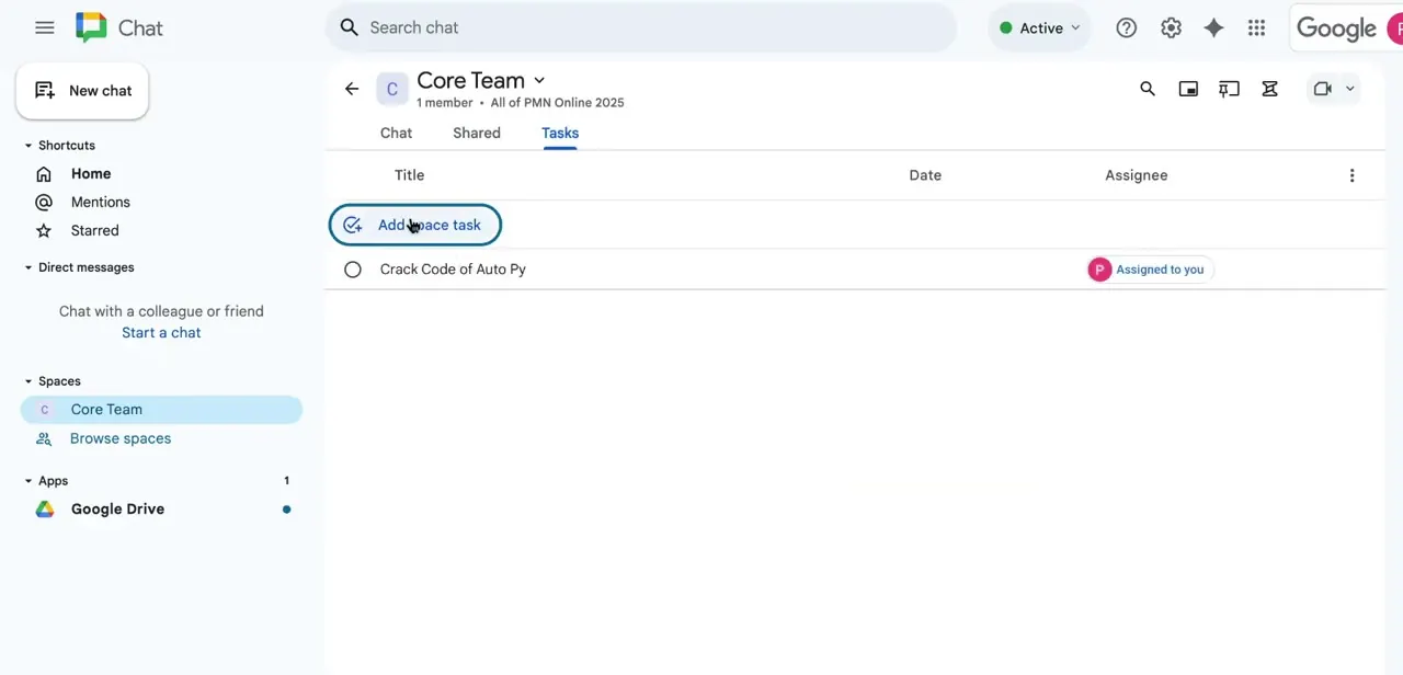 The Tasks tab inside a space, showing a task with its title, due date, and an "Assigned to you" label next to the assignee.