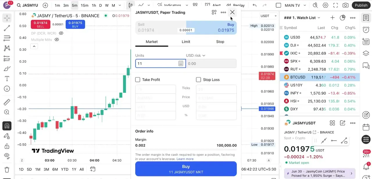 The order ticket on a connected Binance account, with Units set and the Take Profit and Stop Loss checkboxes sitting just below the order type tabs.