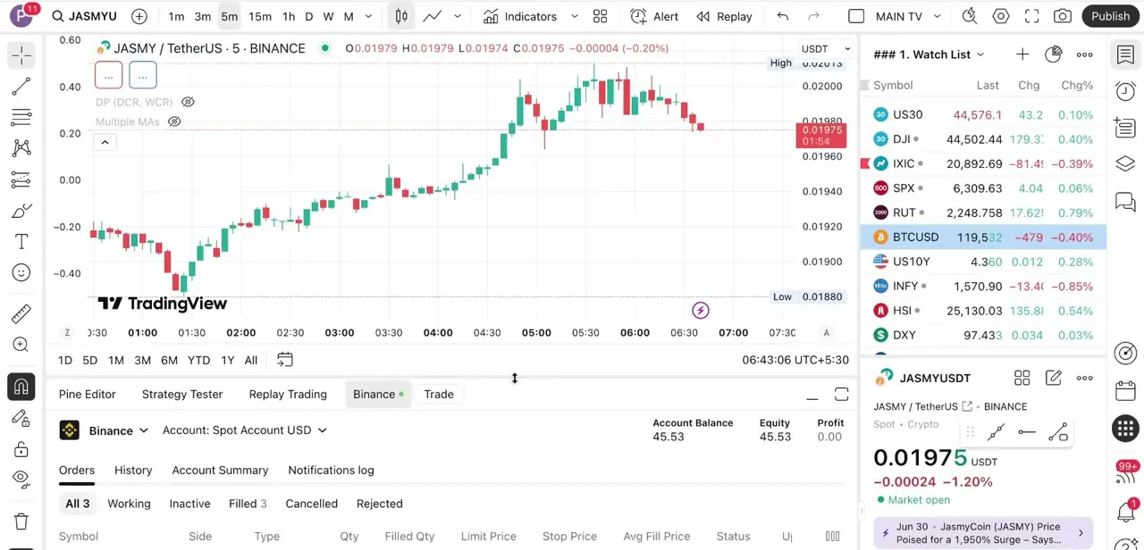 The panel below the chart showing a connected Binance account — Account Balance, Equity, and the Orders tab listing working trades.