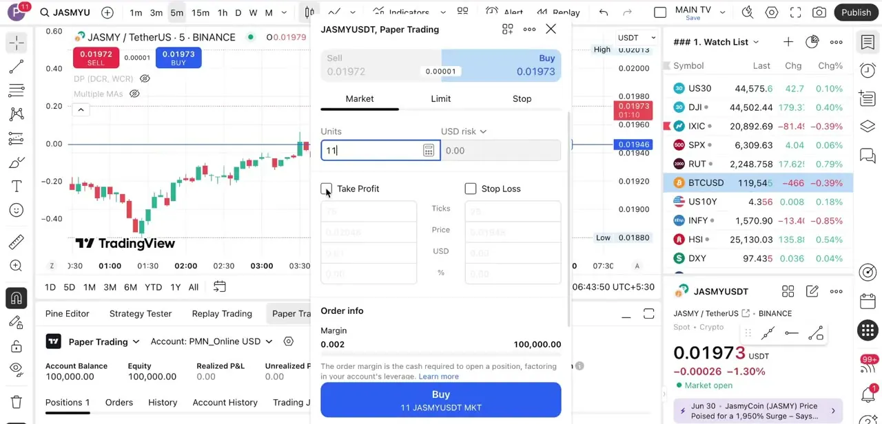The same order ticket switched to a Paper Trading account, with Take Profit and Stop Loss ready to configure against a simulated balance.