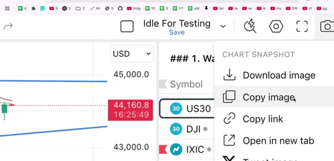 The Chart Snapshot menu, listing Download image, Copy image, Copy link, and Open in new tab as the ways to export the current chart.
