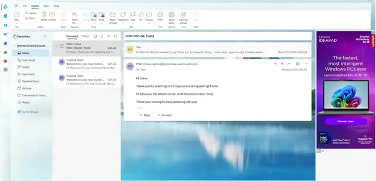 A signed-in Outlook web inbox, with the account name visible in the folder pane on the left — worth double-checking before pairing a device.