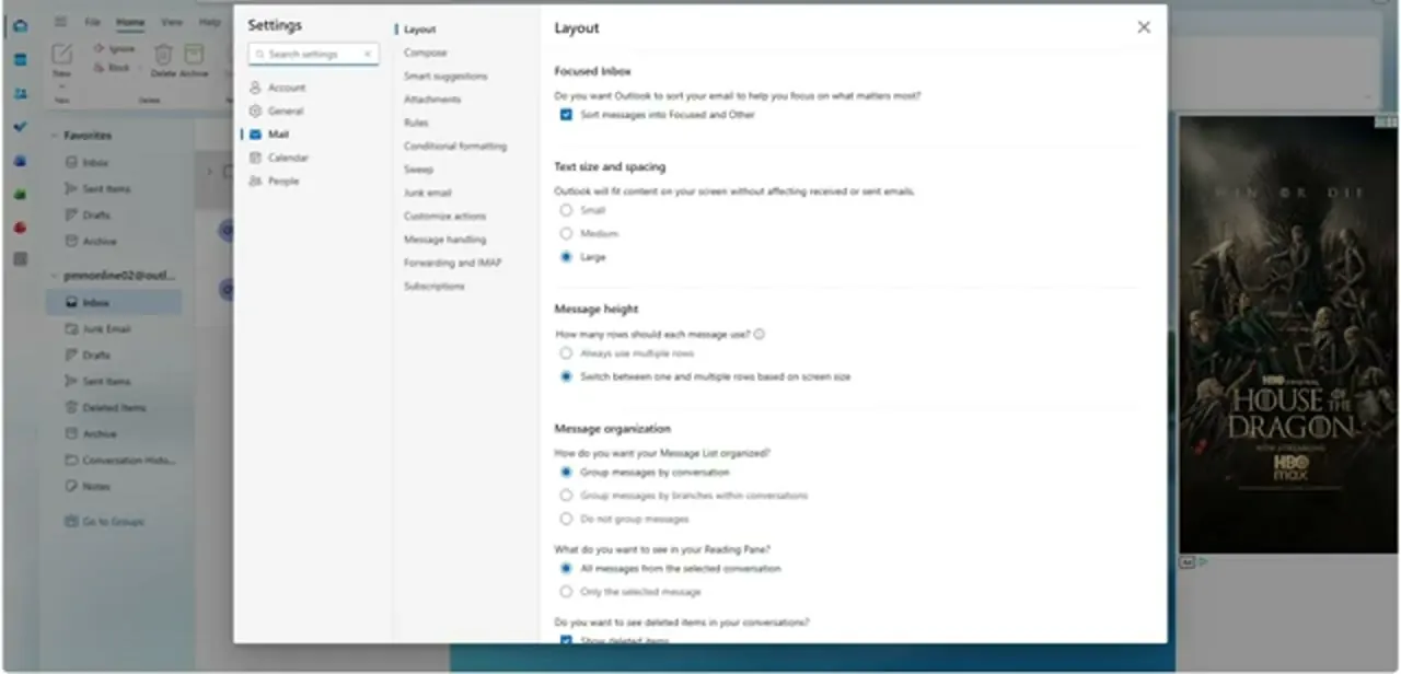 The Settings panel, here showing the Mail > Layout screen. Account and mobile-related options sit in the same panel, under the Account category.