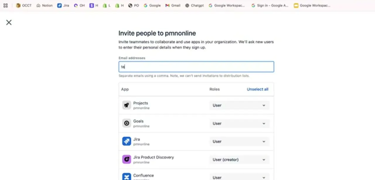 The invite form lists every app in the organization with its own role selector, so you can control what a new user can reach before the invite even goes out.