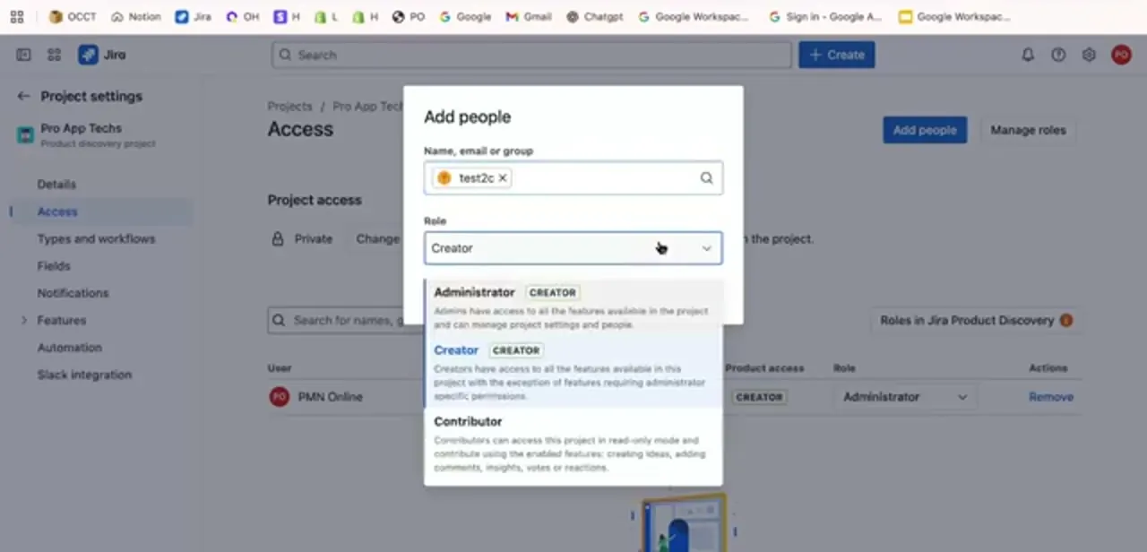 Adding someone to a specific project through Project settings → Access, with the Administrator, Creator, and Contributor roles and their descriptions shown in the Role dropdown.