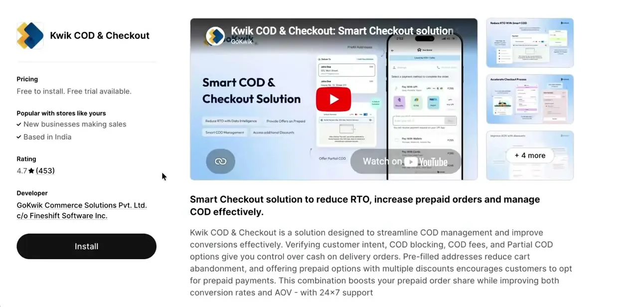 The app listing's preview video and panels, walking through the smart COD and accelerated checkout flow before installation.