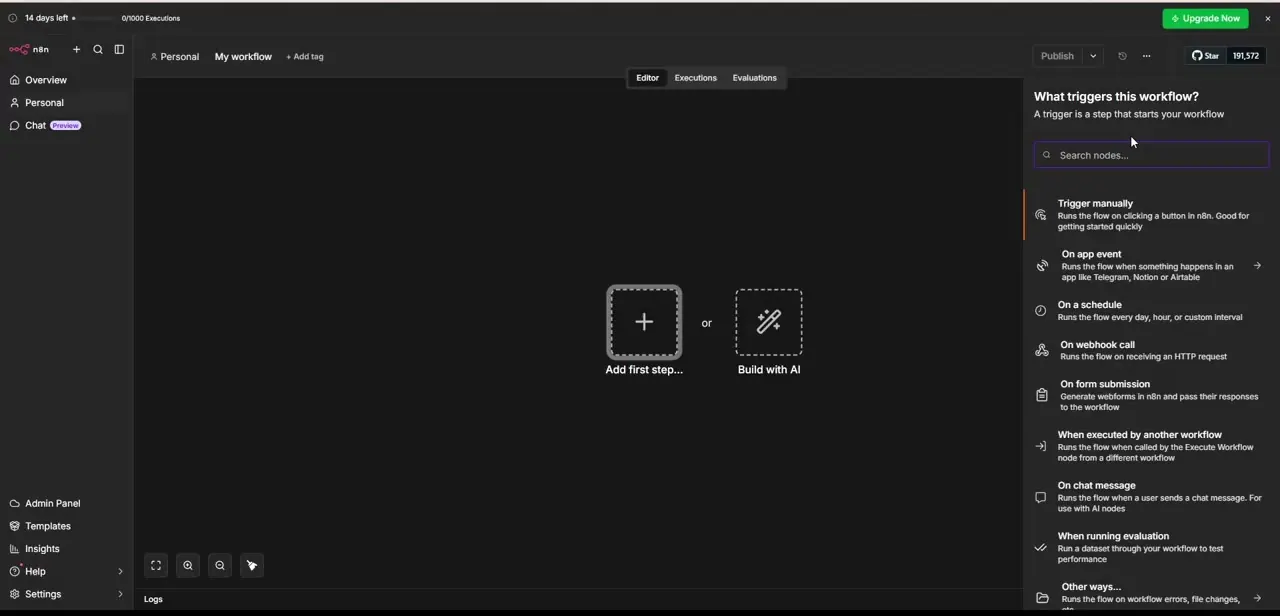 The trigger picker shown when starting a new workflow, listing manual, scheduled, webhook, form, and cross-workflow trigger options.