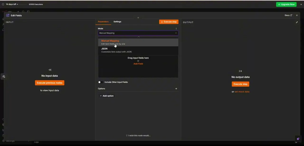 The Edit Fields node's Parameters panel, with the Mode dropdown open showing Manual Mapping and JSON as the two available options.