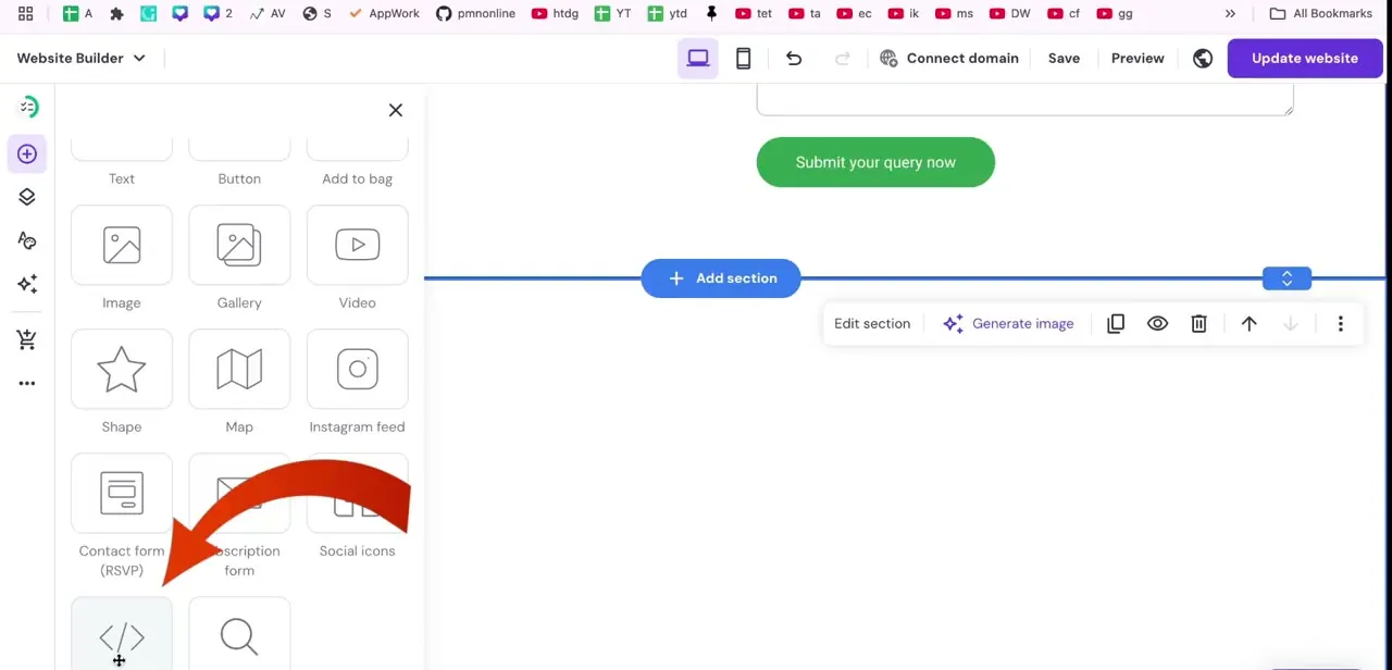 The Website Builder's element panel, with content blocks like Contact form, Subscription form, and an embed-code option near the bottom.