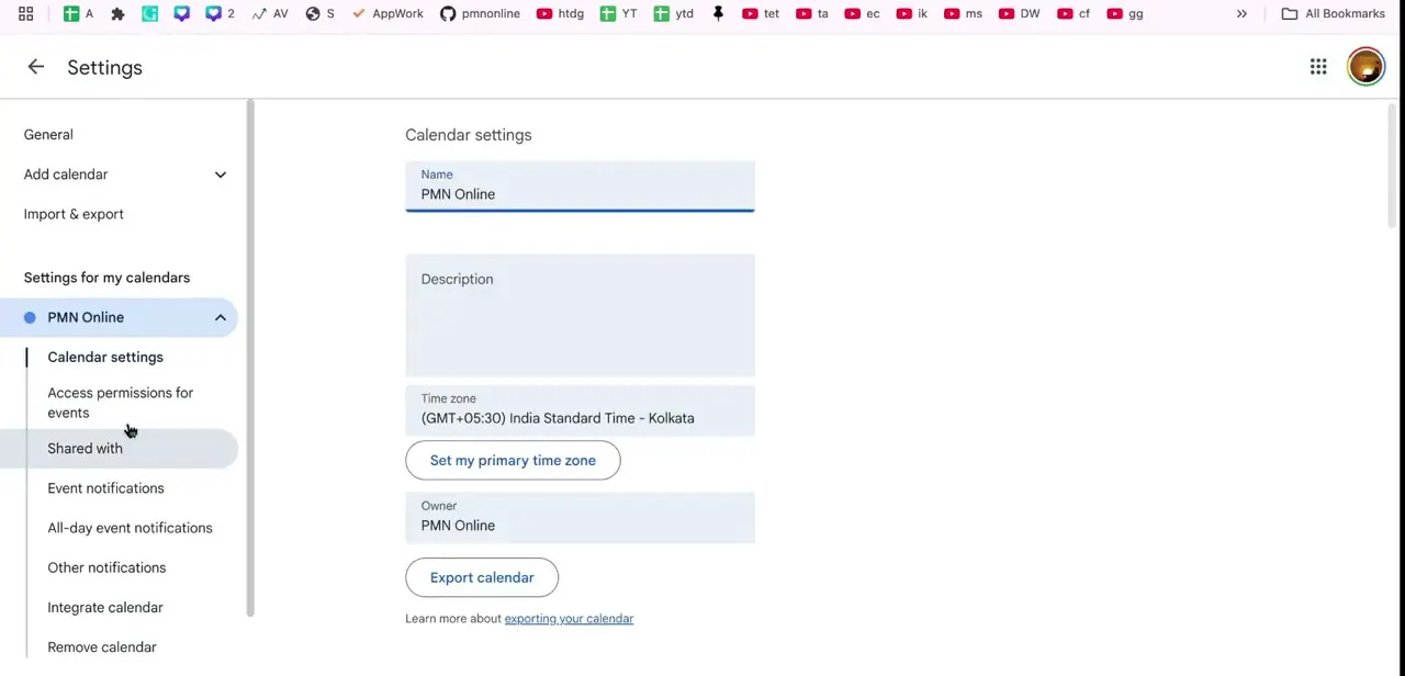 Google Calendar's settings page for a specific calendar, including its name, time zone, and owner, near where the embed code lives.
