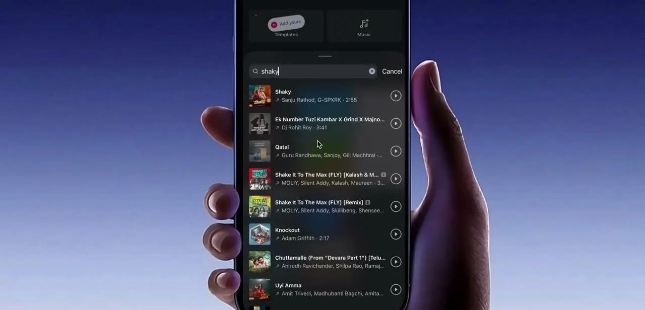 The audio search screen shown after tapping Replace audio, with matching tracks listed by title, artist, and length.