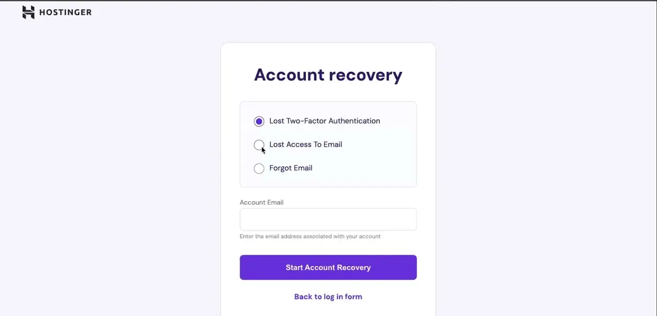 The Account recovery screen, with Lost Two-Factor Authentication, Lost Access To Email, and Forgot Email listed as separate recovery paths.