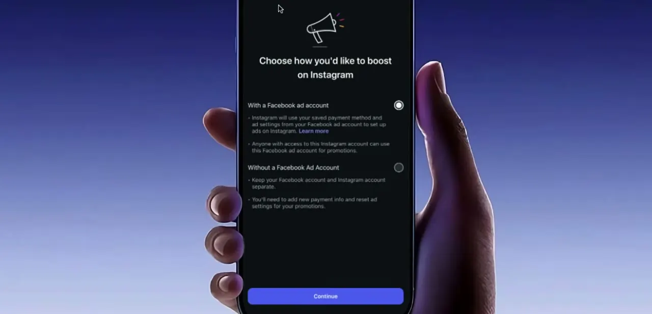 The boost setup screen asking whether to use an existing Facebook ad account or start without one. Each option changes what payment details you need next.