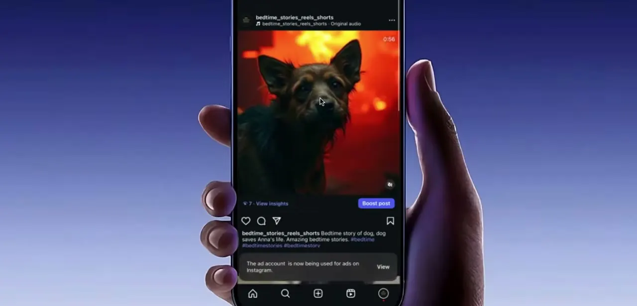 A Reel with the Boost post button live next to View insights, and the banner confirming the ad account is now active for ads on Instagram.