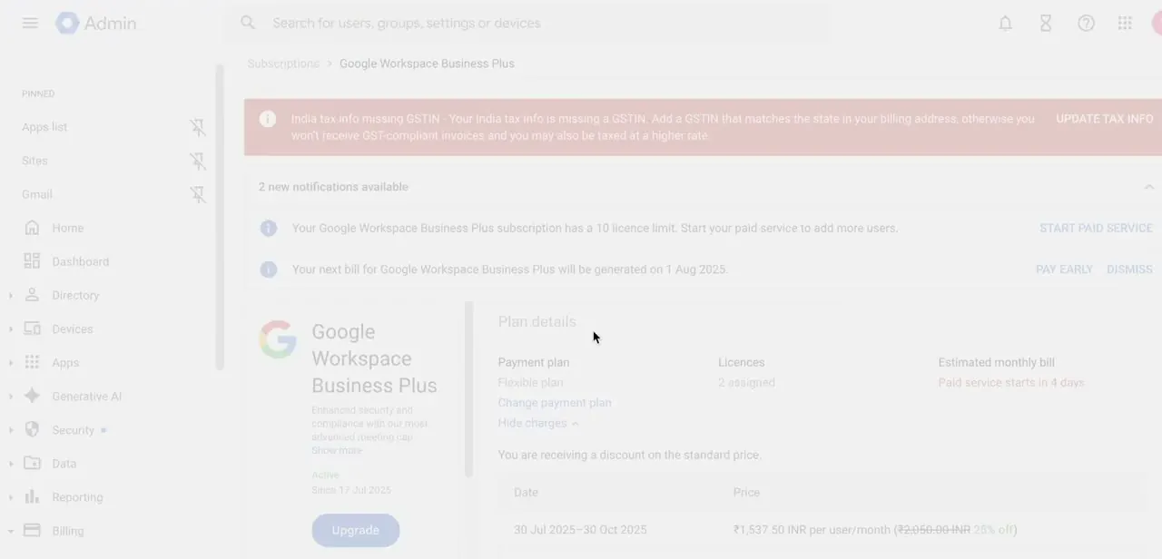The subscription details page for Google Workspace Business Plus, with Payment plan showing "Flexible plan" and a Change payment plan link directly beneath it.