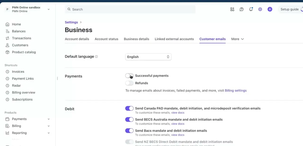 The Customer emails tab under Business settings, with Successful payments and Refunds toggles — both off until you turn them on.
