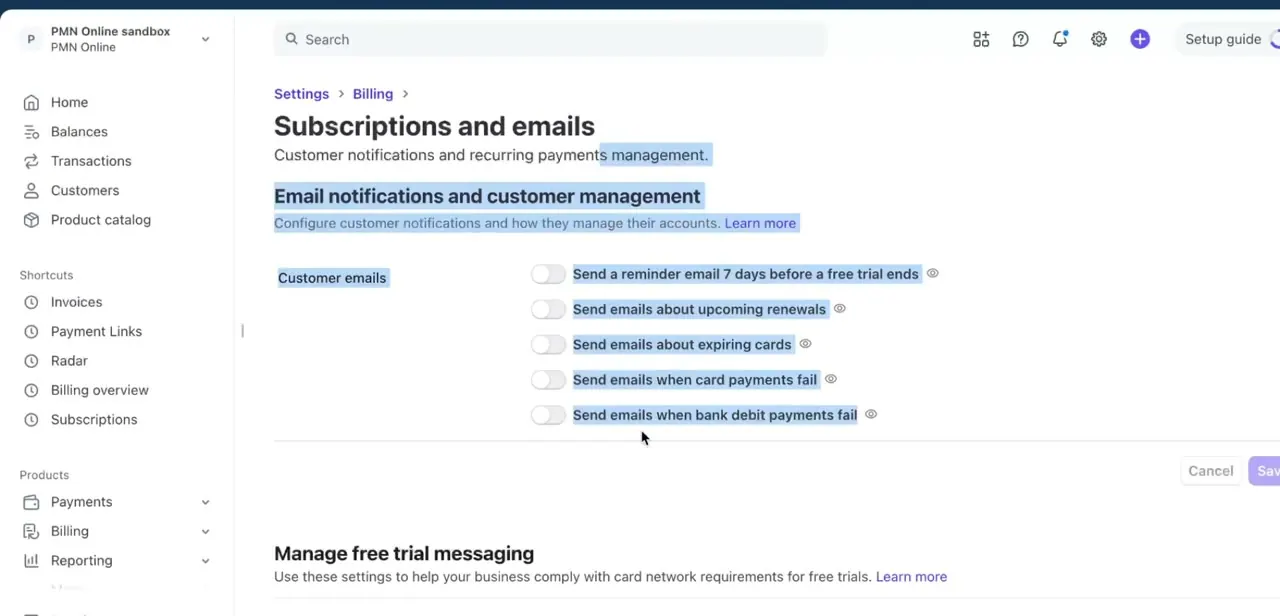 The Subscriptions and emails page under Billing settings, with toggles for trial-ending reminders, upcoming renewals, expiring cards, and payment failures.