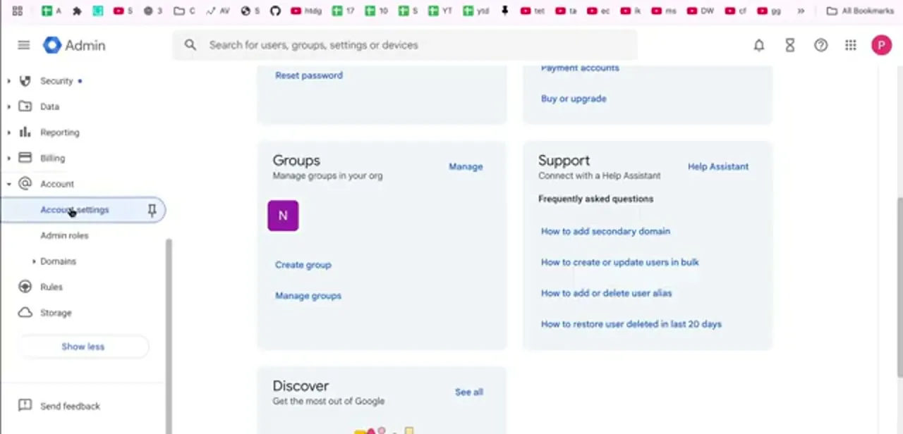 The Admin console sidebar with the Account group expanded, showing Account settings above Admin roles and Domains.