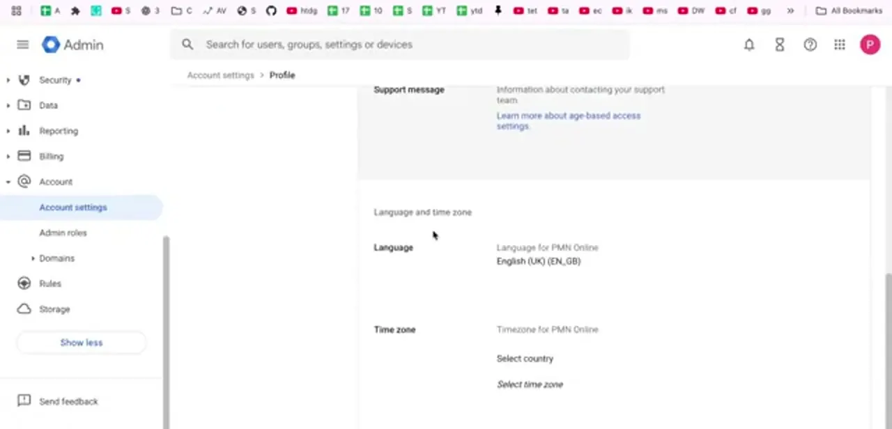The Profile section under Account settings, with the organization's support message, language and time zone fields.
